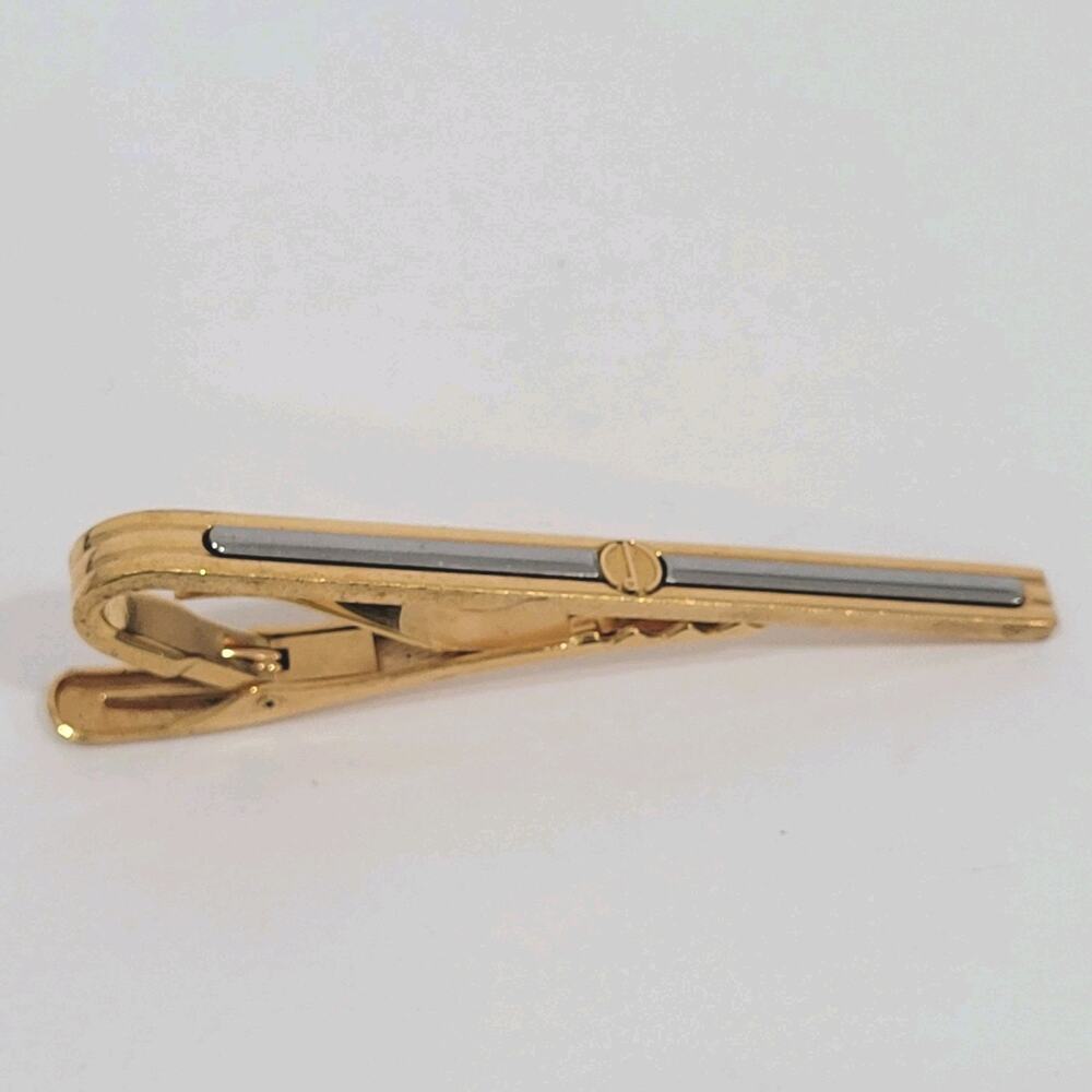 Dunhill Vintage Two Tone Tie Clasp Clip‎ Bar Silver Gold Retro Logo Minimalistic